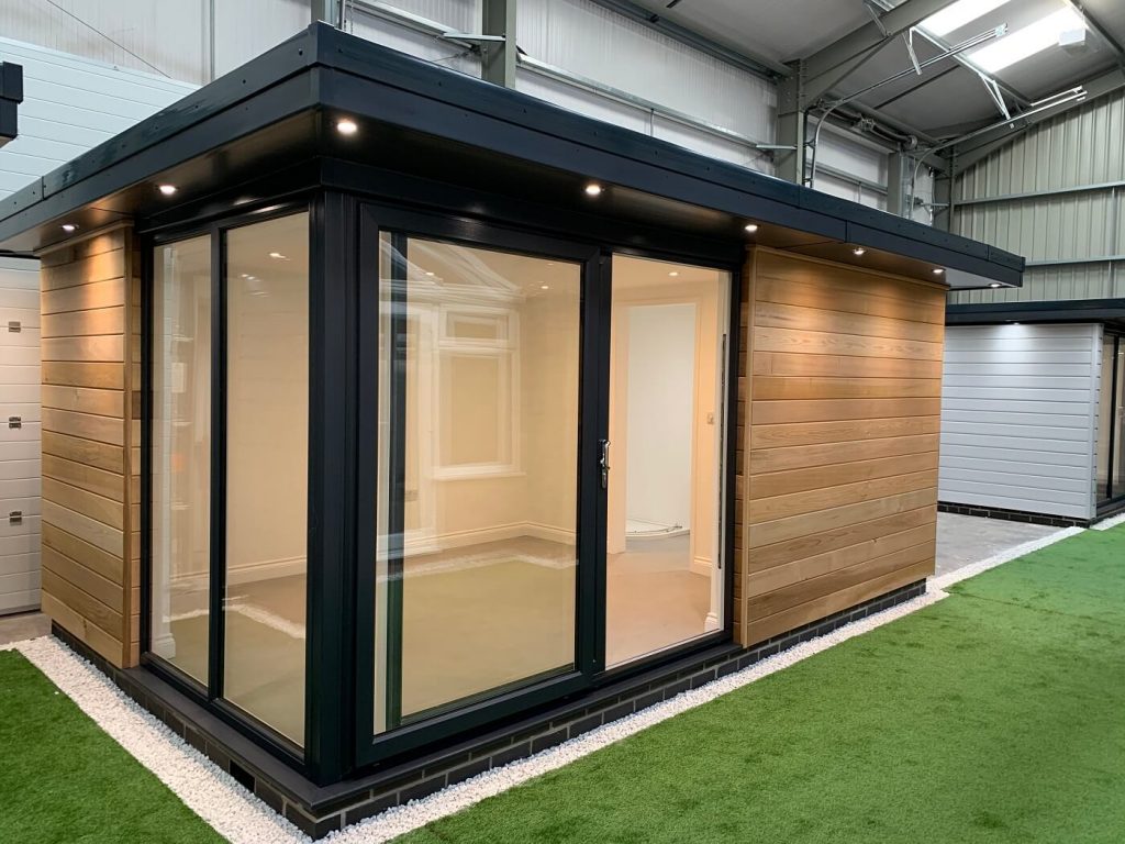 Oak garden room with black patio doors